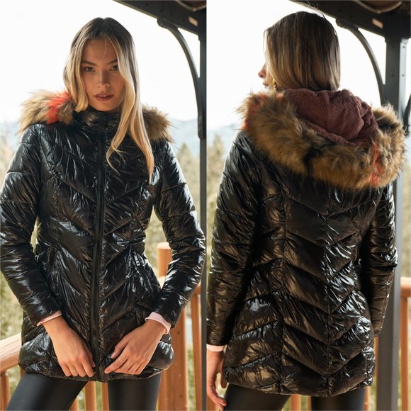 FLEECED LINED PUFFER JACKET - black Hoodie Faux fu - Picture 2 of 5